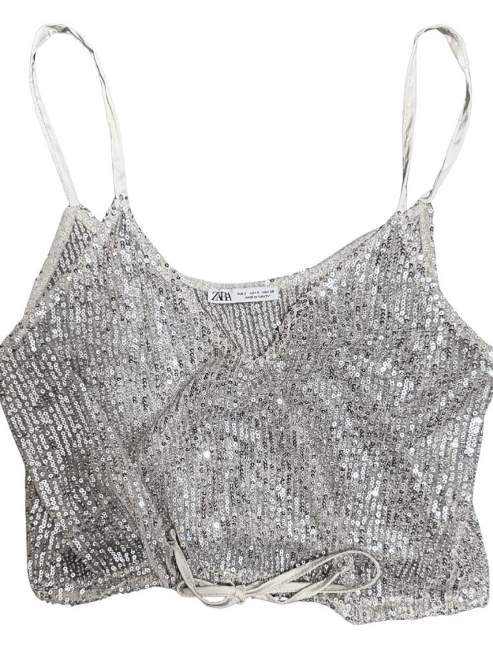 Zara Sequin Spaghetti Strap Top in silver color ✨